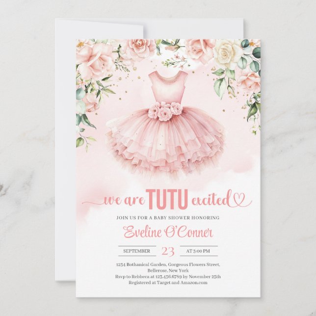 Chic blush pink floral tutu dress gold sparkles invitation (Front)