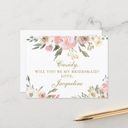 Chic Blush Pink Floral Will You Be My Bridesmaid Postcard