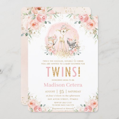 Chic Blush Pink Floral Woodland Twins Baby Shower Invitation