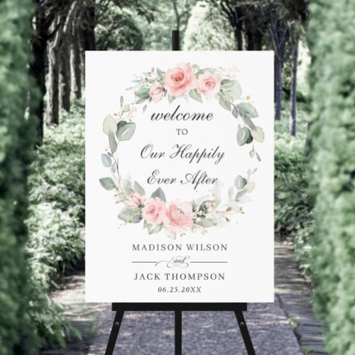 Chic Blush Pink Floral Wreath Wedding Welcome Sign