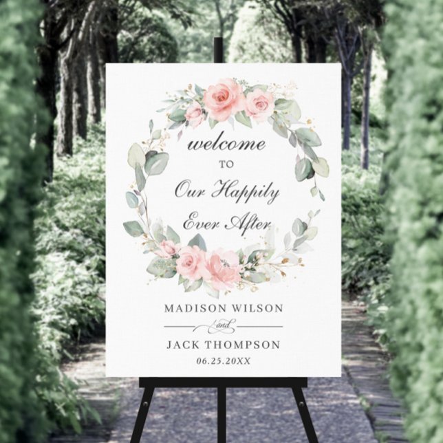 Chic Blush Pink Floral Wreath Wedding Welcome Sign (Creator Uploaded)