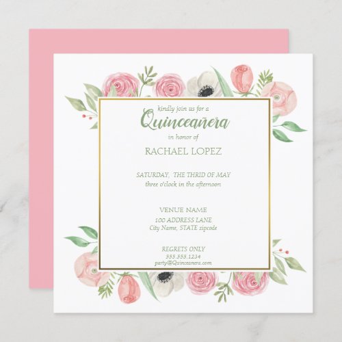 Chic Blush Pink Florals  Gold Frame Quinceanera Invitation