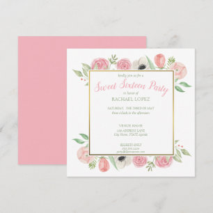 Chic Blush Pink Florals   Gold Frame Sweet Sixteen Invitation