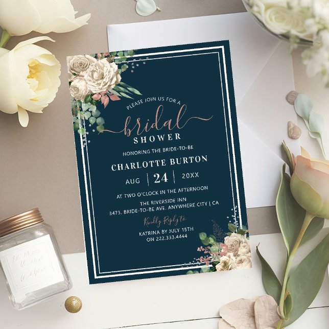 Chic Blush Pink Florals & Navy Bridal Shower Invitation (Creator Uploaded)