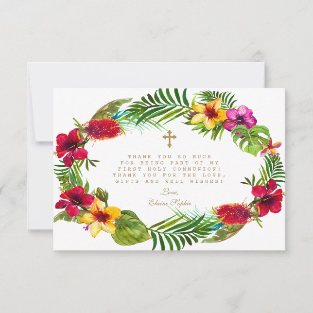 Chic Blush Pink Flowers Gold Cross Holy Communion Thank You Card (Front)