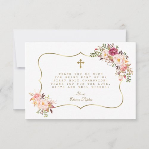 Chic Blush Pink Flowers Gold Cross Holy Communion Thank You Card