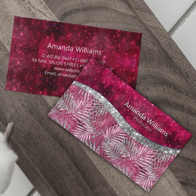 Chic blush pink fuchsia glitter leaves monogram business card (Creator Uploaded)