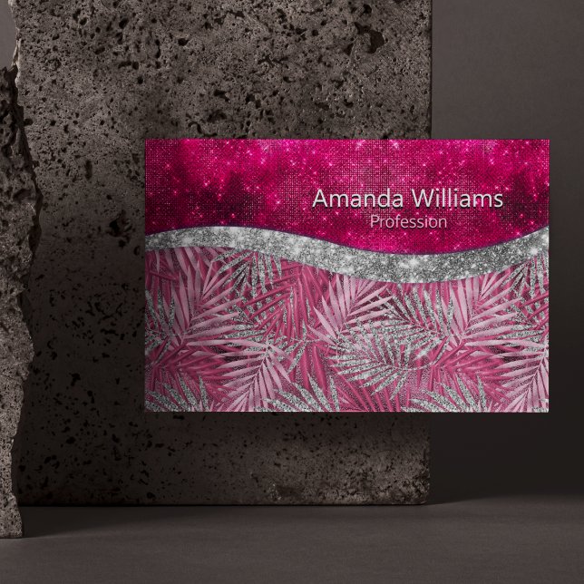 Chic blush pink fuchsia glitter leaves monogram business card magnet (Creator Uploaded)