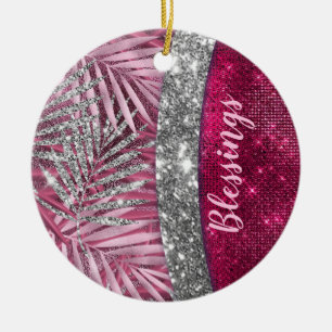 Chic blush pink fuchsia glitter leaves monogram ceramic ornament