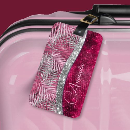 Chic blush pink fuchsia glitter leaves monogram luggage tag