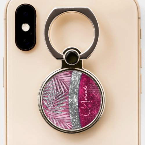 Chic blush pink fuchsia glitter leaves monogram phone ring stand