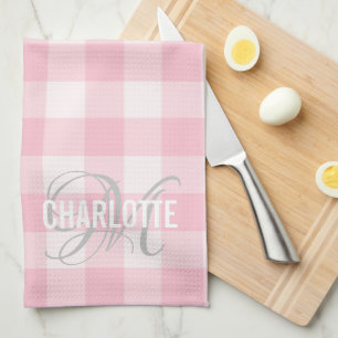 Chic blush pink gingham monogram name kitchen towel