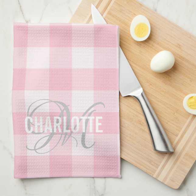 Chic blush pink gingham monogram name kitchen towel (Quarter Fold)