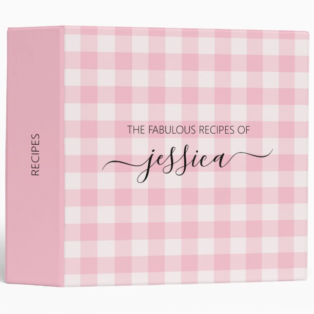 Chic blush pink gingham script name recipe 3 ring binder (Front/Spine)
