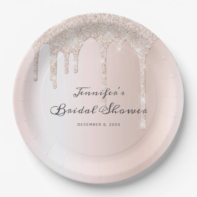 Chic Blush Pink Glitter Drips Script Bridal Shower Paper Plates (Front)