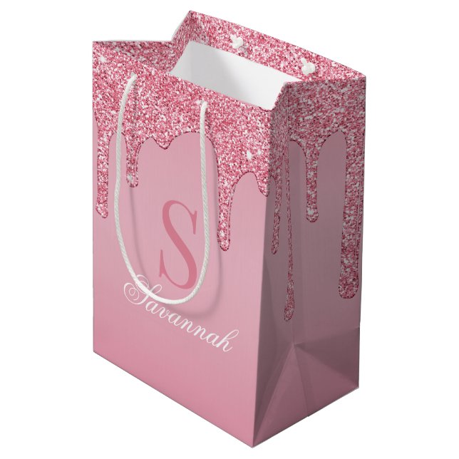 Chic Blush Pink Glitter Drips Sparkle Monogram Medium Gift Bag (Back Angled)