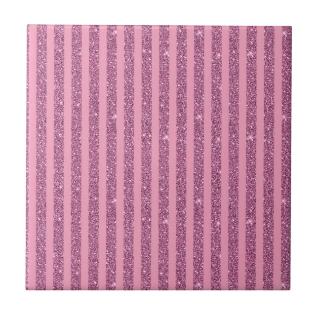 Chic Blush Pink Glitter Style Vertical Stripes Ceramic Tile (Front)