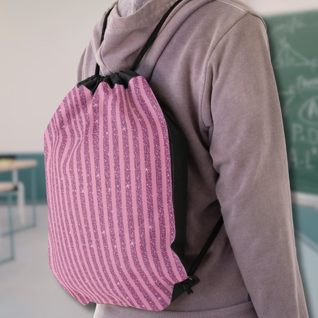 Chic Blush Pink Glitter Style Vertical Stripes Drawstring Bag (Creator Uploaded)