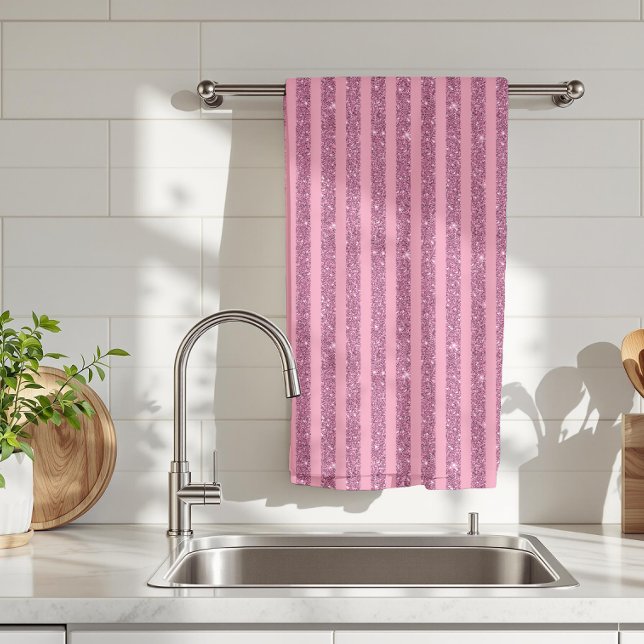 Chic Blush Pink Glitter Style Vertical Stripes Kitchen Towel (Creator Uploaded)