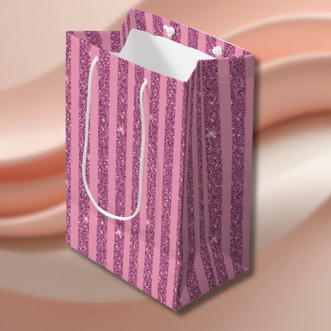 Chic Blush Pink Glitter Style Vertical Stripes Medium Gift Bag (Creator Uploaded)
