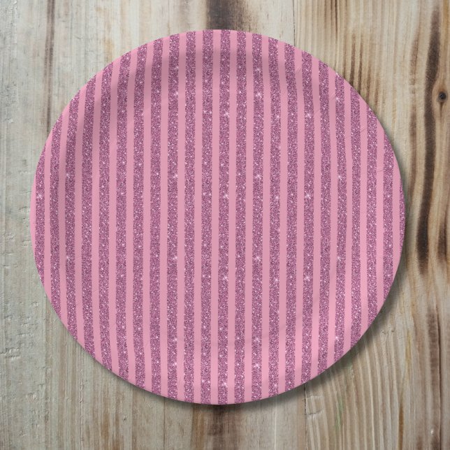 Chic Blush Pink Glitter Style Vertical Stripes Paper Plates (Creator Uploaded)