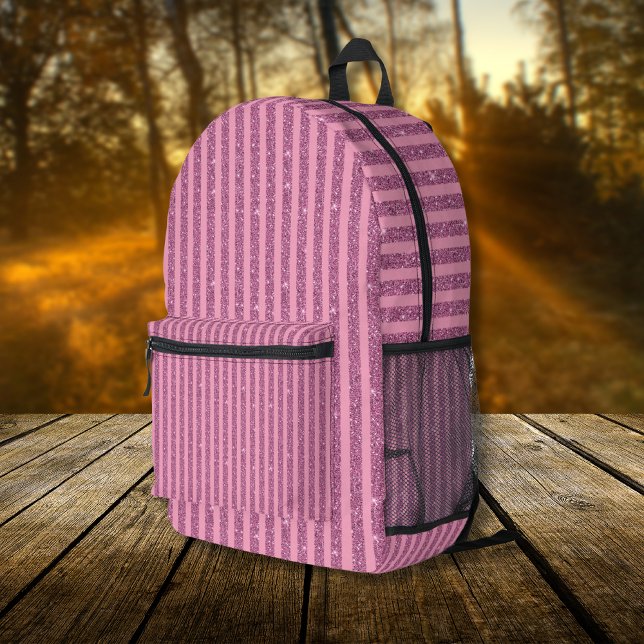 Chic Blush Pink Glitter Style Vertical Stripes Printed Backpack (Creator Uploaded)