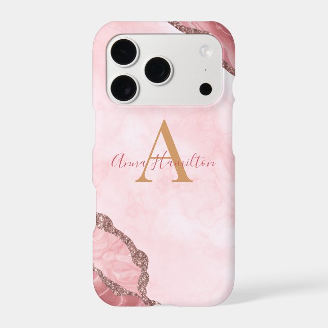 Chic Blush Pink Gold Agate Geode Monogram Iphone Case (Back)