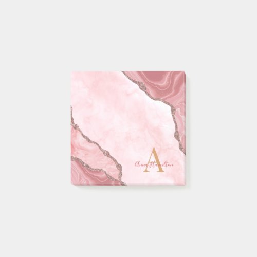 Chic Blush Pink Gold Agate Geode Monogram Post_it Notes