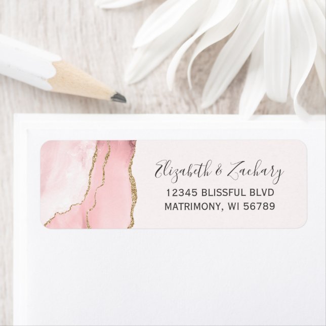 Chic Blush Pink Gold Agate Wedding Return Address Label (Insitu)
