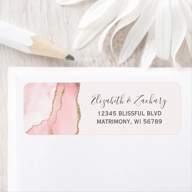 Chic Blush Pink Gold Agate Wedding Return Address Label | Zazzle