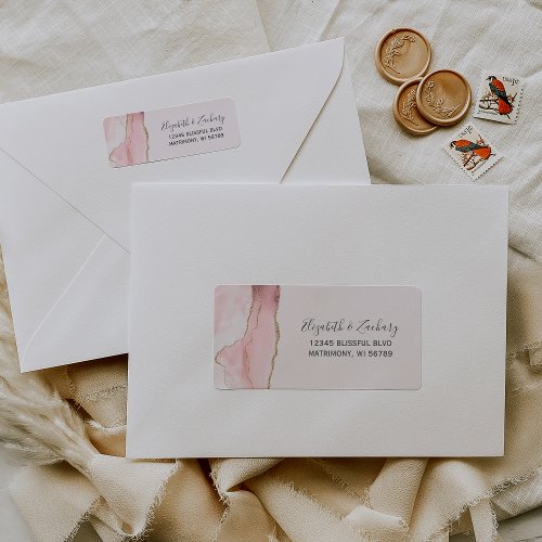 Chic Blush Pink Gold Agate Wedding Return Address Label