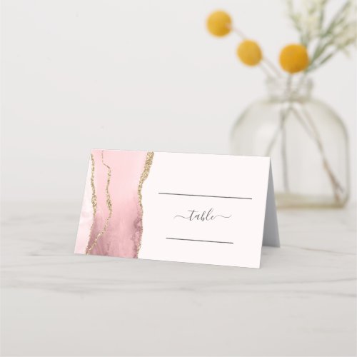 Chic Blush Pink Gold Agate Wedding Table Place Card