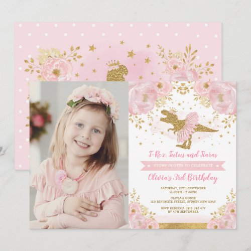 Chic Blush Pink Gold Dinosaur T Rex Girl Birthday