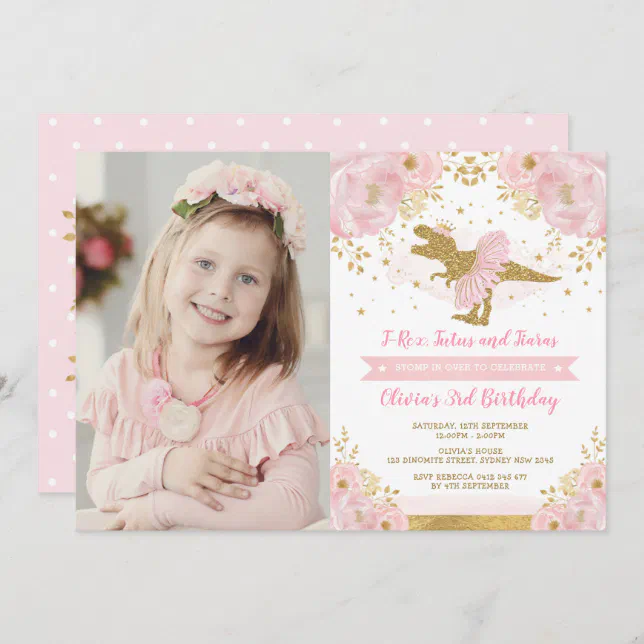 Chic Blush Pink Gold Dinosaur T Rex Girl Birthday Invitation | Zazzle