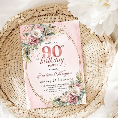 Chic Blush Pink Gold Eucalyptus 90th Birthday 