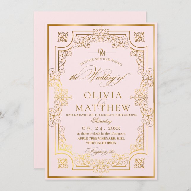 Chic Blush Pink & Gold Flora Script Wedding  Invitation (Front/Back)
