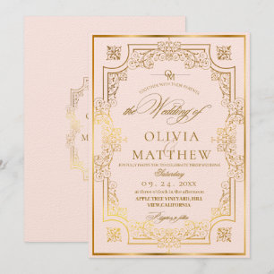 Chic Blush Pink & Gold Flora Script Wedding  Invitation