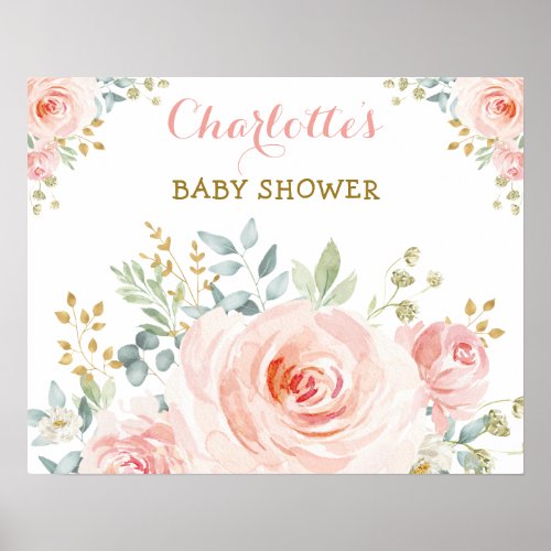 Chic Blush Pink Gold Floral Baby Shower Birthday Poster
