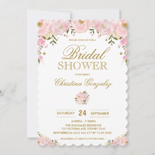 Chic Blush Pink Gold Floral Bridal Shower Invite