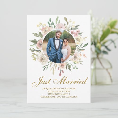 Chic Blush Pink Gold Floral Newlywed Photo Wedding Announcement