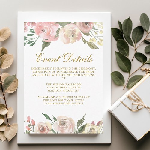 Chic Blush Pink Gold Floral Wedding Event Details Enclosure Card