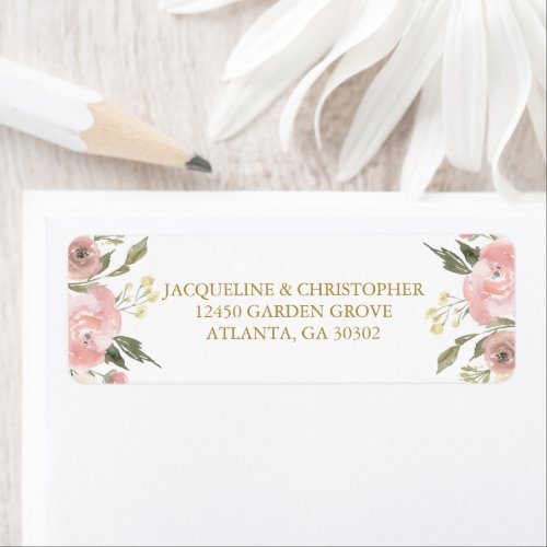 Chic Blush Pink Gold Floral Wedding Return Address Label