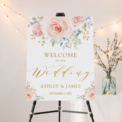 Chic Blush Pink Gold Floral Wedding Welcome Foam Board