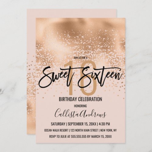 Chic Blush Pink Gold  Foil Confetti Ombre Sweet 16 Invitation