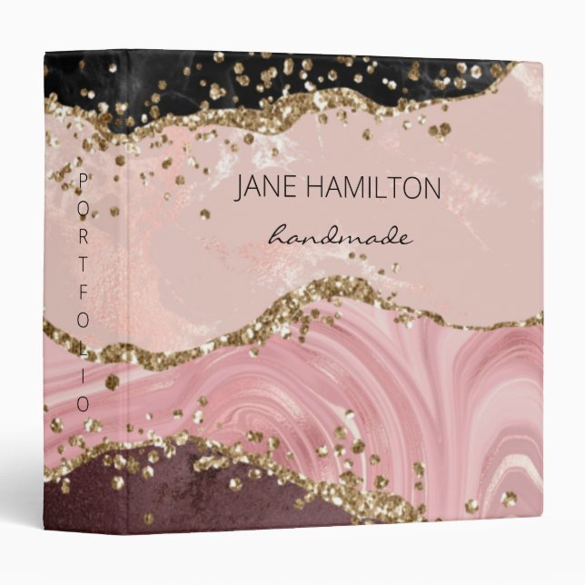 Chic Blush Pink Gold Glitter Agate  3 Ring Binder (Front/Spine)