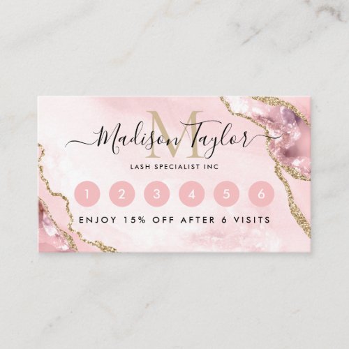 Chic Blush Pink Gold Glitter Agate Marble Monogram Loyalty Card