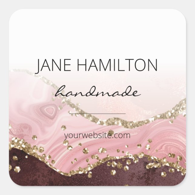Chic Blush Pink Gold Glitter Agate Square Sticker (Front)