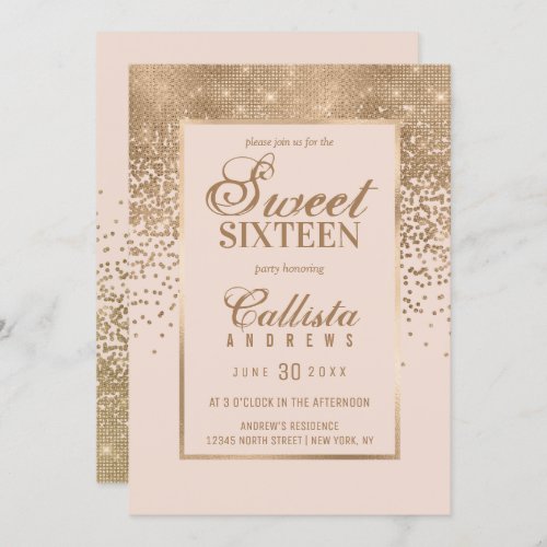 Chic Blush Pink Gold Glitter Confetti Sweet 16 Invitation