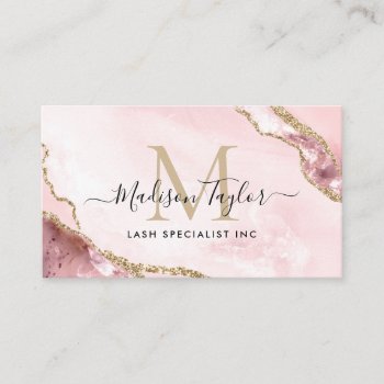 Chic Blush Pink Gold Glitter Marble Agate Monogram Business Card by pangga_designs at Zazzle