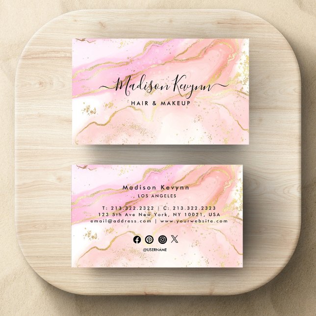 Chic Blush Pink Gold Glitter Marble Agate Monogram Business Card (Creator Uploaded)